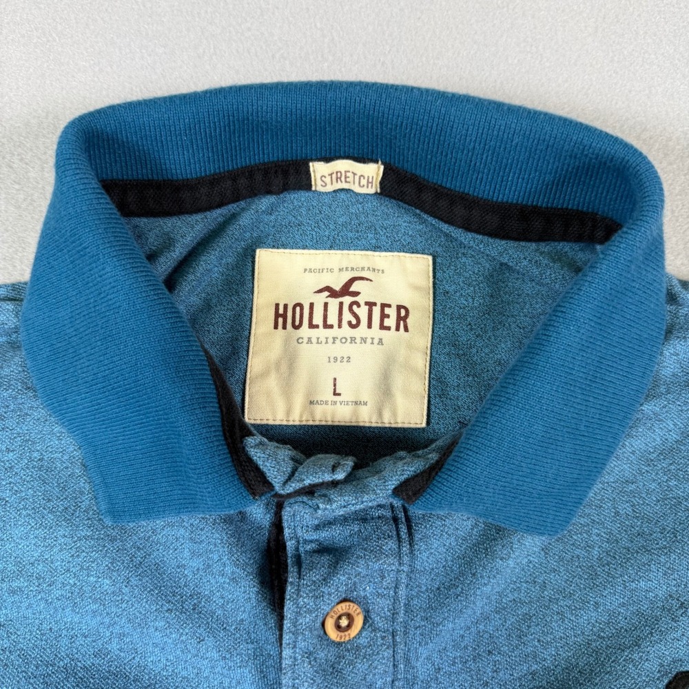 Hollister Mens Blue Heathered Stretch Polo Shirt Short Sleeve Size L Logo Gulls